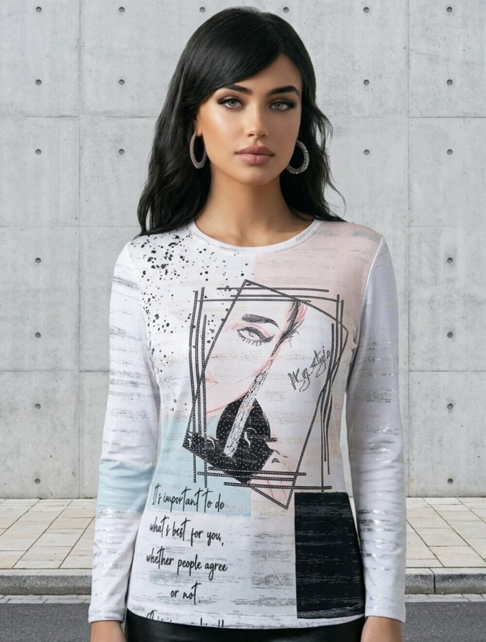 Women's 3/4 Sleeve Graphic Tee in White with Light Pink Accent And Silver Detail